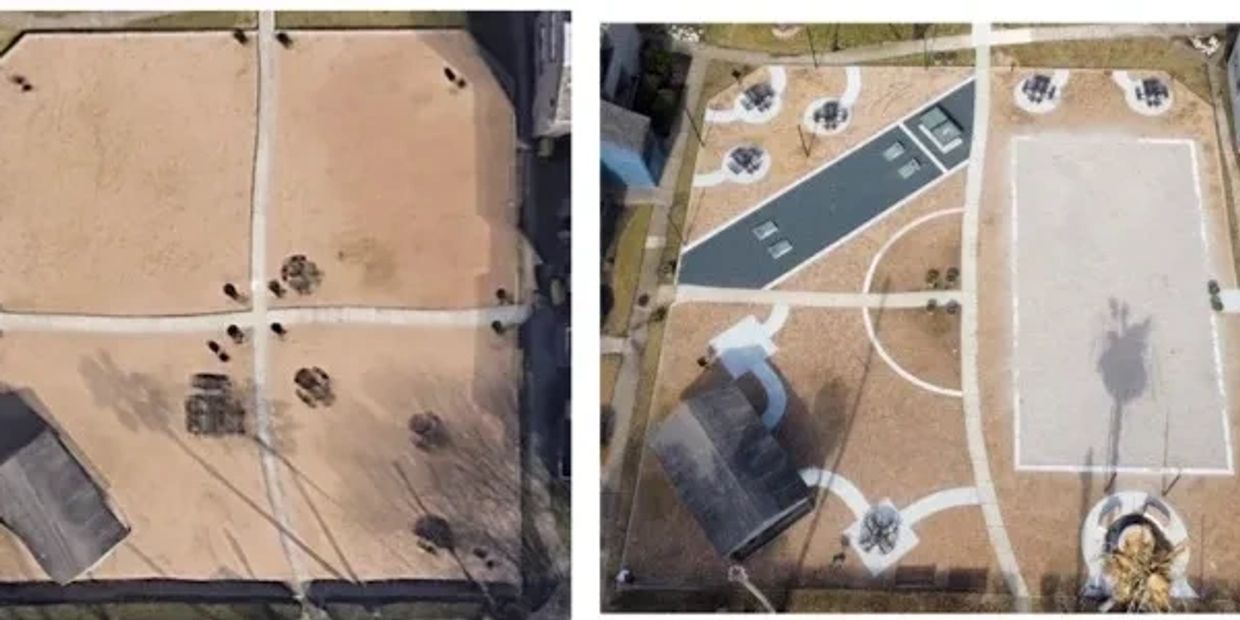 Before and after: corn hole, ping ping, volleyball, fire pit and table areas.