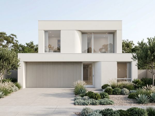 Modern two-story house with clean lines and neutral tones.
