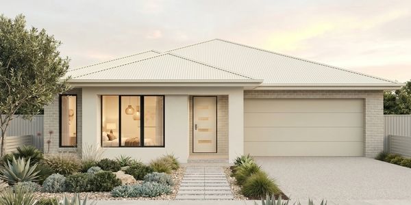 Modern single-story house with a garden and double garage.