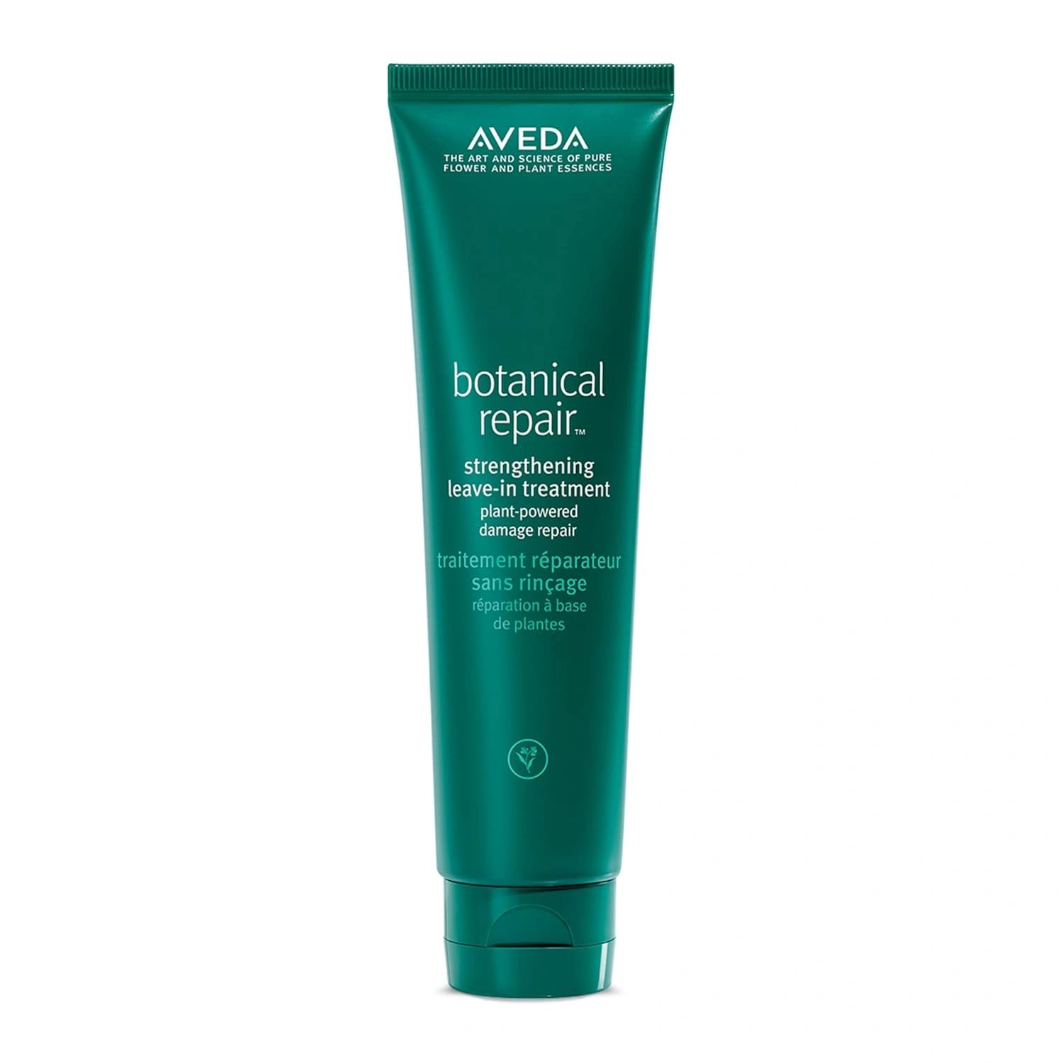 Aveda botanical repair strengthening leave-in hair treatment in green tube.