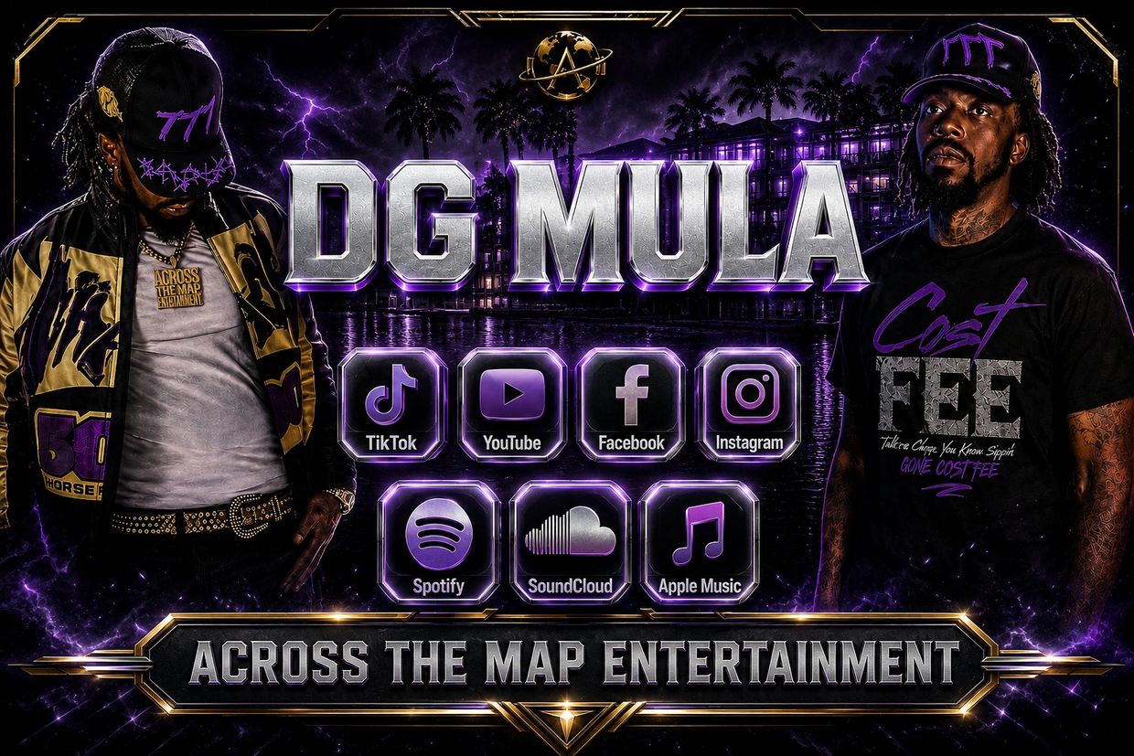 Promotional graphic for DG Mula with social media icons and Across The Map Entertainment branding.