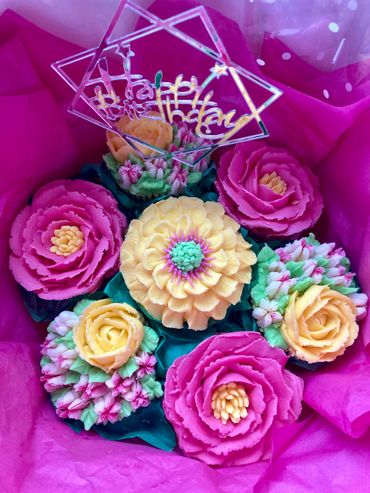 Bright pink and yellow cupcake bouquets birthday celebration Mother’s Day wedding 
