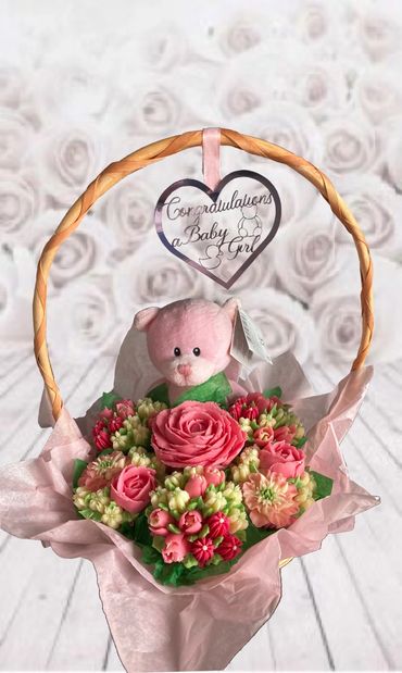 Baby congratulations teddy bear bouquet 
Birthday celebration basket
