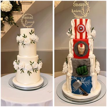 4 tiered fondant Wedding cake with sugar roses and Avengers at the back 