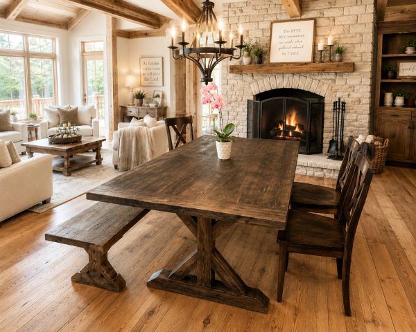 Cozy rustic dining room with wooden furniture and fireplace.