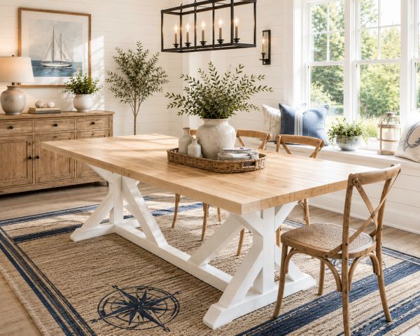 Bright farmhouse dining room with wooden table and blue accents.