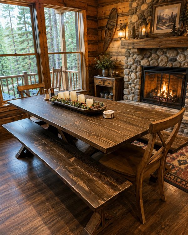 Cozy rustic dining area with wooden furniture and fireplace.