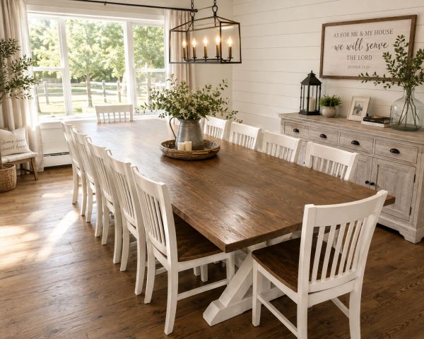 Rustic dining room with wooden table and white chairs.