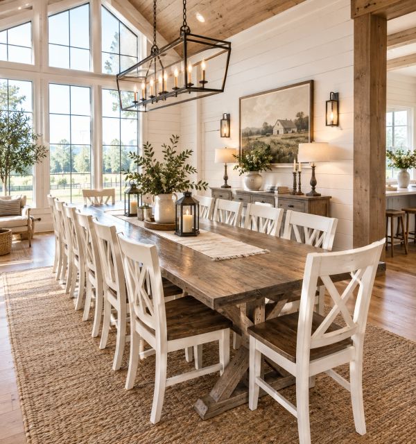 Bright farmhouse dining room with wooden table and white chairs.