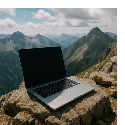 Laptop placed on a rock with mountain scenery in the background.