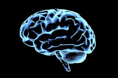 Glowing blue digital illustration of a human brain against a black background.