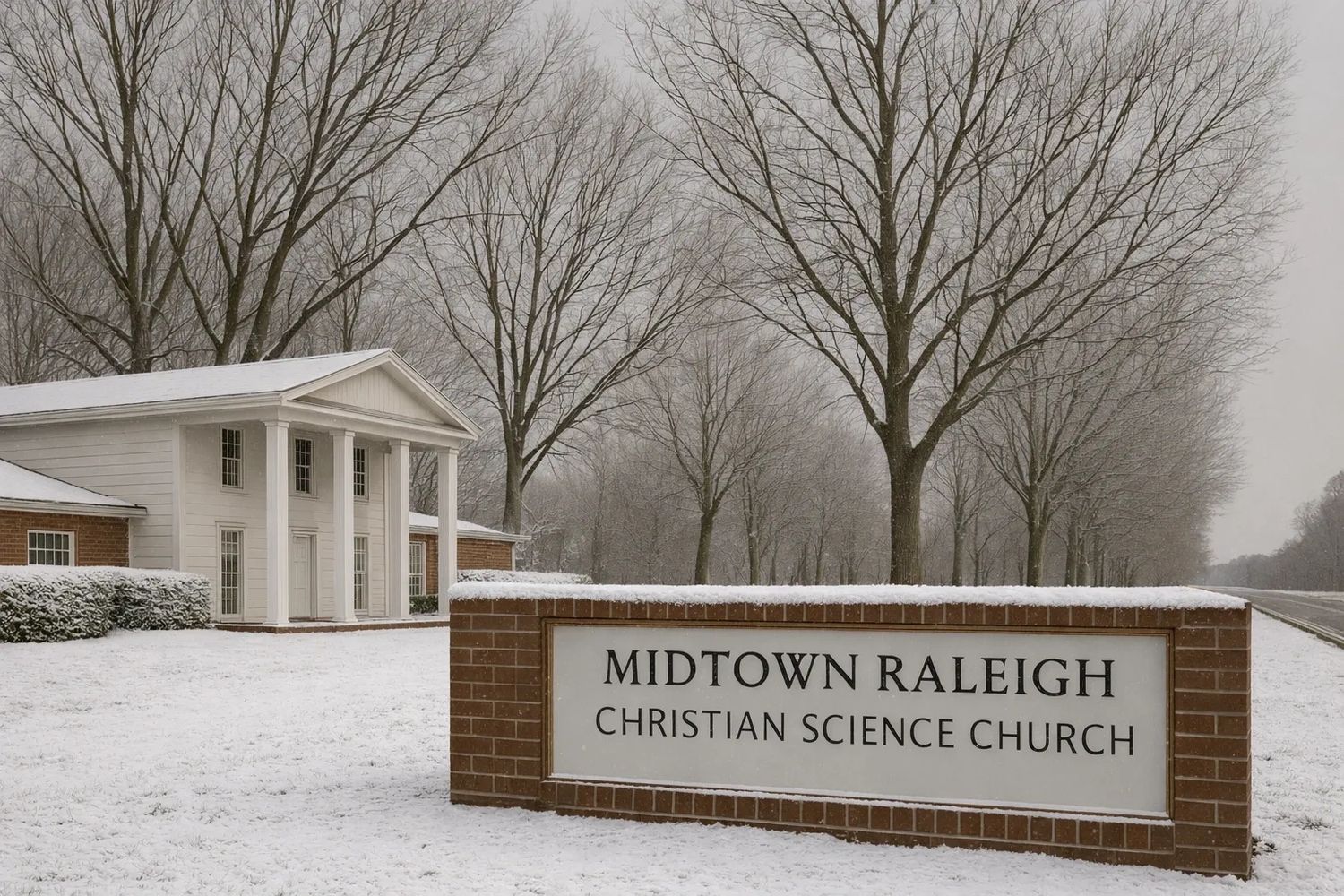 Church and sign in a light snowfall
