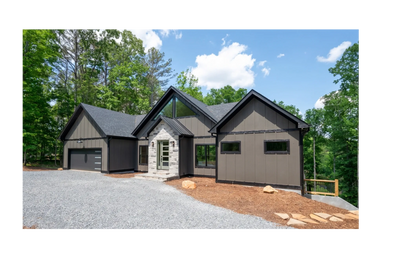 Sherwin Williams Urbane Bronze house with 3 roof peaks,  limestone entry, big windows, 2 car garage