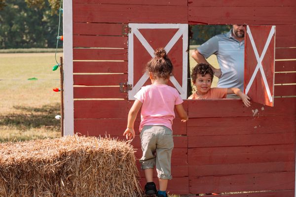 Two children playing at a red wooden playhouse outdoors with an adult nearby.