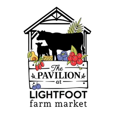 Logo of The Pavilion at Lightfoot Farm Market with farm animals and fruits.