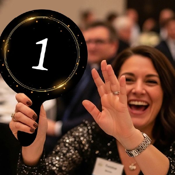 Happy woman holding up a paddle with the number 1.