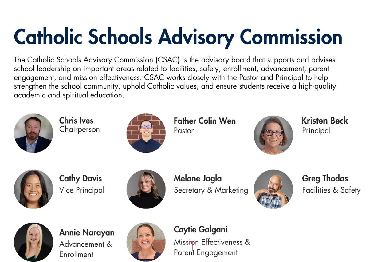 Catholic Schools Advisory Commission members with roles and photos.