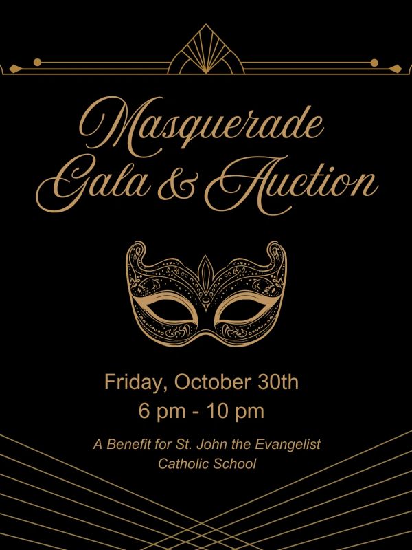 Elegant masquerade gala and auction event announcement.