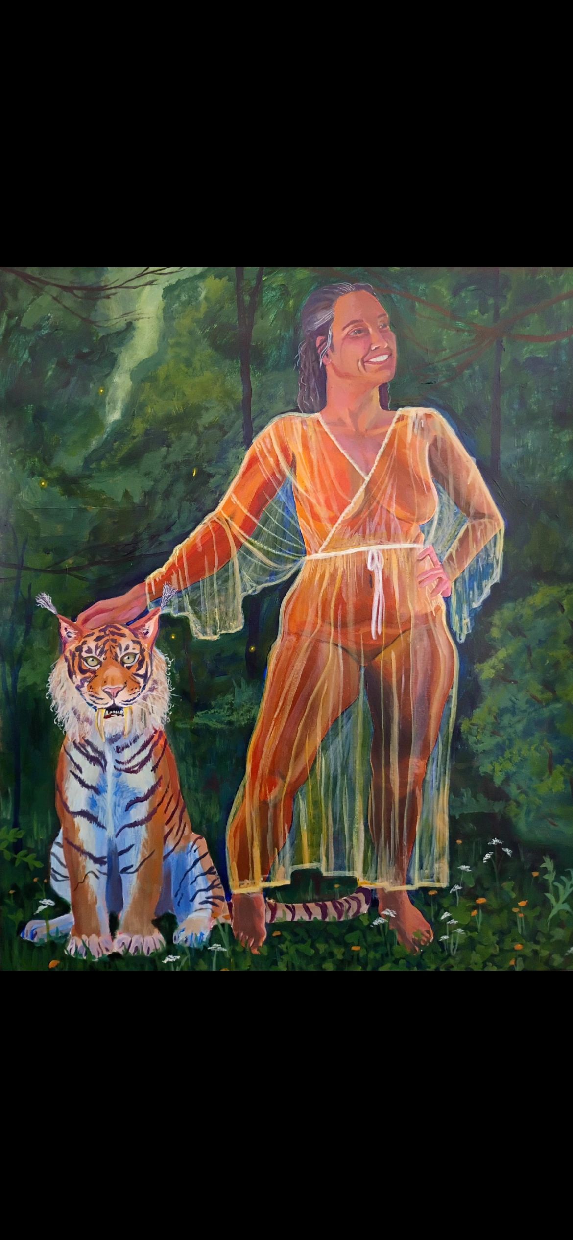 Painting of a woman in a sheer orange dress with a tiger in the forest.
