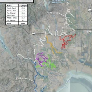 Map showing various canals and ditches with color-coded routes.