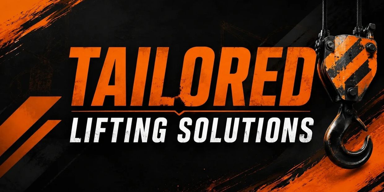 Bold text reads "TAILORED LIFTING SOLUTIONS" with a heavy-duty crane hook on the right.