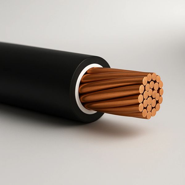 Close-up of a thick electrical cable with exposed copper wires.