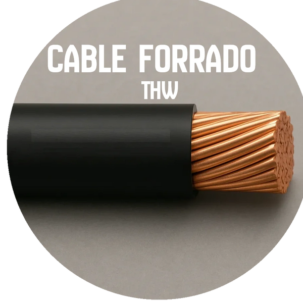 Close-up of a copper wire with black insulation labeled 'Cable Forrado THW'.