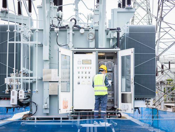 Engineer inspects electrical control panel at power substation wearing safety gear and helmet.
