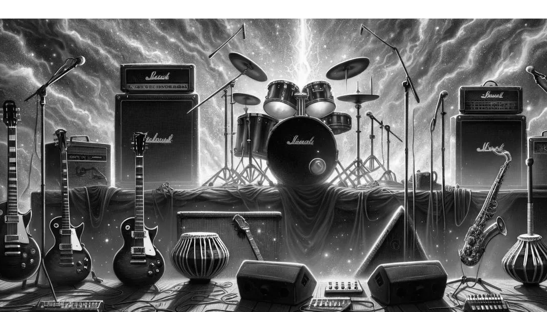 Black and white UROCK logo of a stage with instruments.
