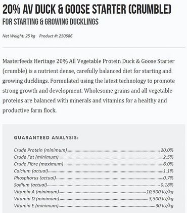 Nutrient-dense 20% protein starter feed for ducklings and goslings.