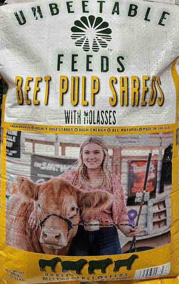 Bag of Unbeetable Feeds Beet Pulp Shreds with molasses, featuring a girl and a cow.