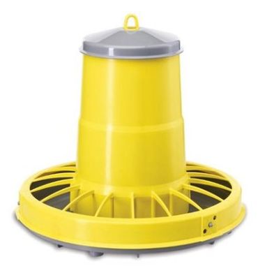 Yellow poultry feeder with a gray lid for farm use.