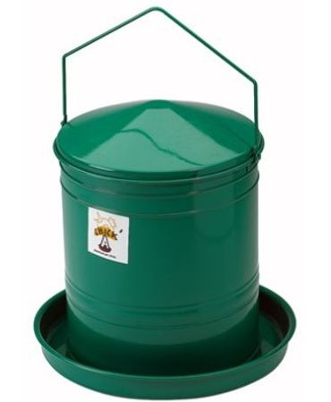 Green metal chicken feeder with a handle and base tray.