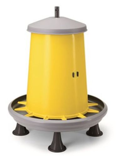 Yellow and gray poultry feeder with legs and a top lid.