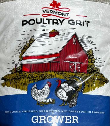 Bag of Vermont Poultry Grit with barn and poultry illustration.
