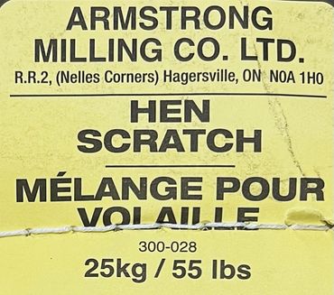 Label for Armstrong Milling Co. Hen Scratch poultry feed, 25kg/55lbs.
