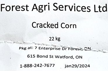 Label for 22 kg cracked corn by Forest Agri Services Ltd.