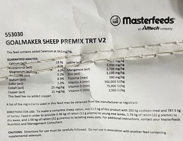 Label of Masterfeeds Goalmaker Sheep Premix with nutritional info and directions.