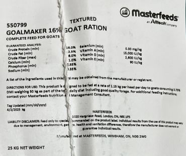 Label of Masterfeeds Goalmaker 16% complete feed for goats.