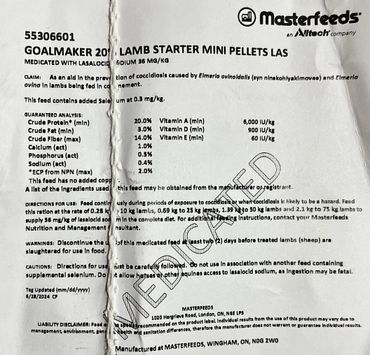 Package label for Masterfeeds GoalMaker 20% Lamb Starter Mini Pellets.