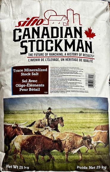 Bag of Canadian Stockman trace mineralized stock salt for livestock.