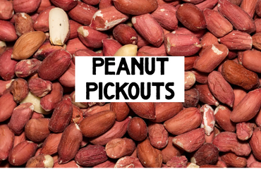 Close-up of shelled peanuts with a 'Peanut Pickouts' label.