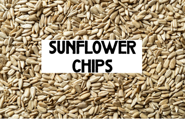 Close-up of sunflower seeds with a label saying 'Sunflower Chips'.