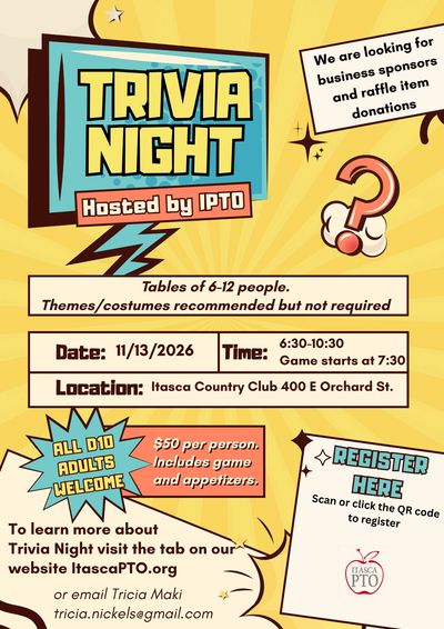 Trivia Night hosted by IPTO with games, food, and raffle item donations requested.