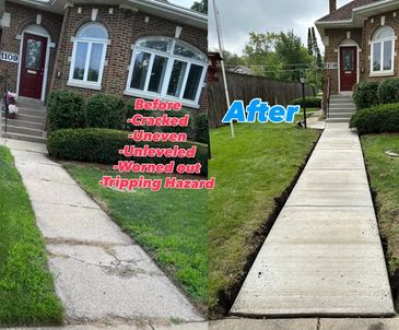 Side-by-side comparison of damaged and repaired concrete sidewalk.
