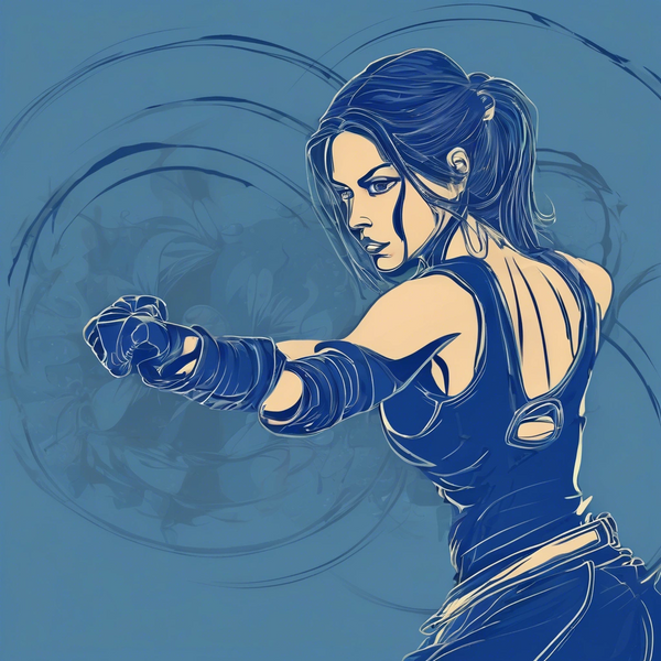 Stylized digital art of a focused female fighter in a dynamic punch pose.