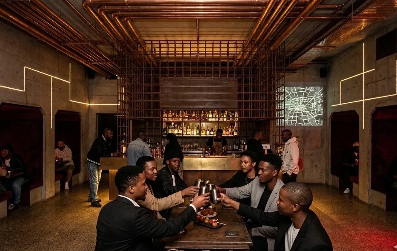Group of men toasting drinks in a stylish industrial bar setting.