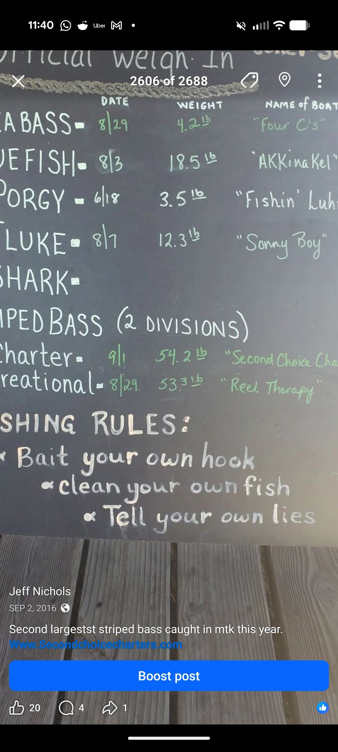 Fishing weigh-in board showing fish types, weights, dates, and boat names.