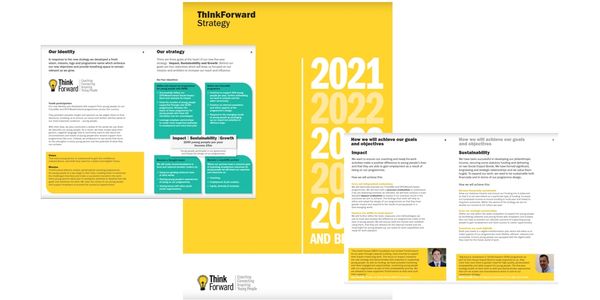 Images showing pages from ThinkForward's five year strategy