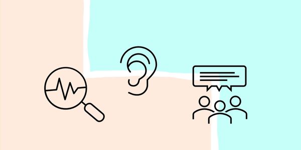 Icons showing a magnifying glass looking at data, an ear, three people with a speech bubble